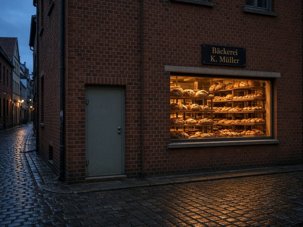 Backsteingasse hinter einer Hamburger Bäckerei am frühen Morgen