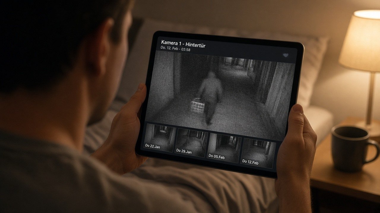 Bäckereibesitzer prüft nachts eine Kamerabenachrichtigung auf dem Tablet